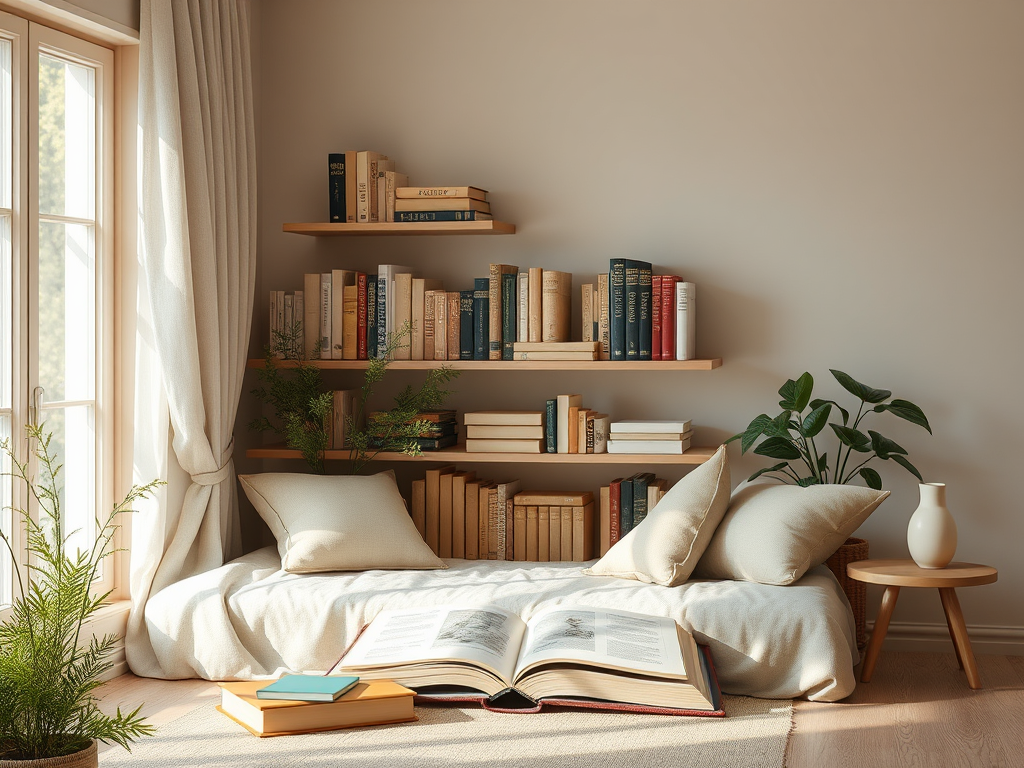 Уютный уголок с книгами, мягкой подушкой и растениями, уютно освещенный солнечными лучами.