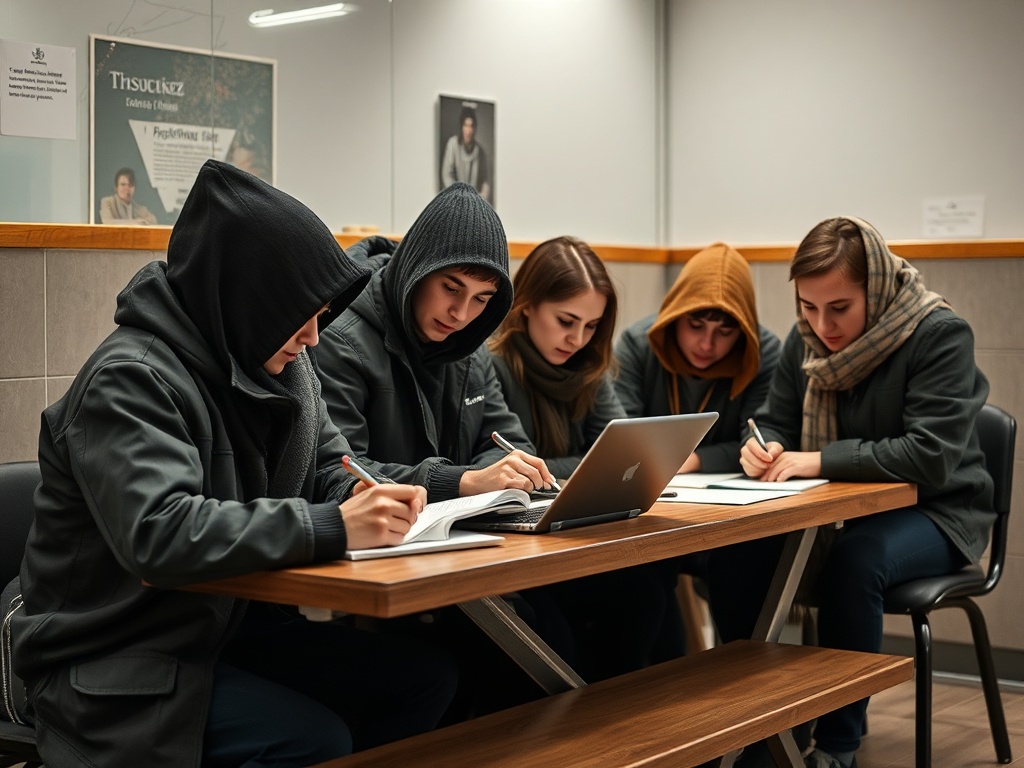 Группа студентов в капюшонах сидит за столом с ноутбуком, занимаются и делают заметки.