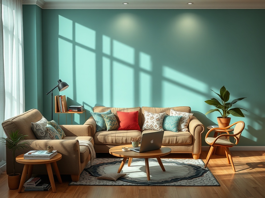 Уютная гостиная с диваном, столом и растениями на фоне светло-голубой стены и солнечными бликами.