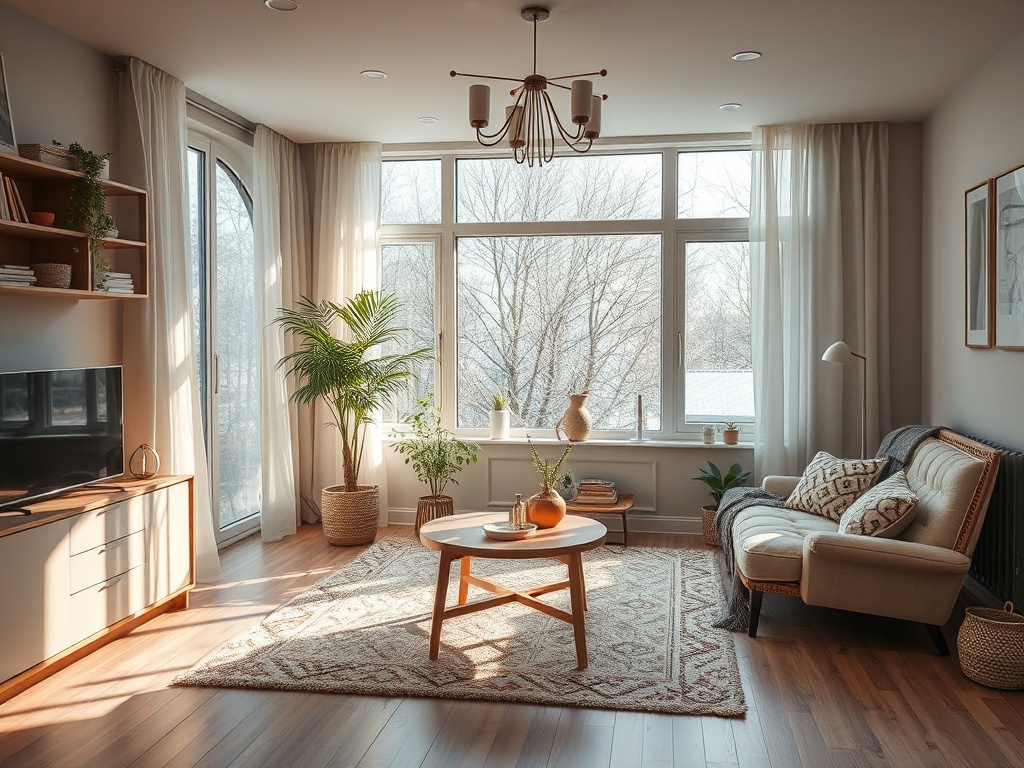 Светлая гостиная с большим окном, растениями, диваном и журнальным столиком на деревянном полу.