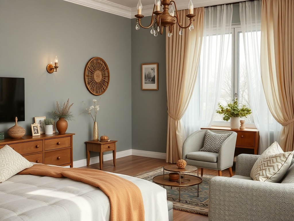 Современный уютный интерьер комнаты с мебелью из дерева, светлой отделкой и большими окнами.