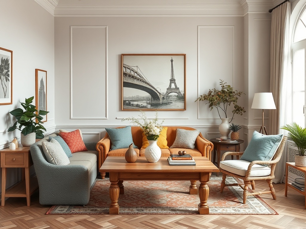 Современный интерьер гостиной с уютной мебелью, растениями и картиной Эйфелевой башни.