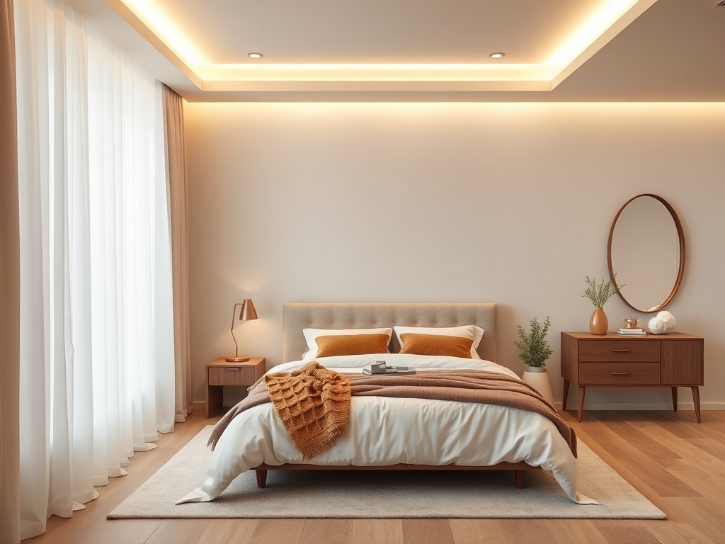Современная спальня с уютной кроватью, мягким светом и нейтральными цветами. Минималистичный декор.