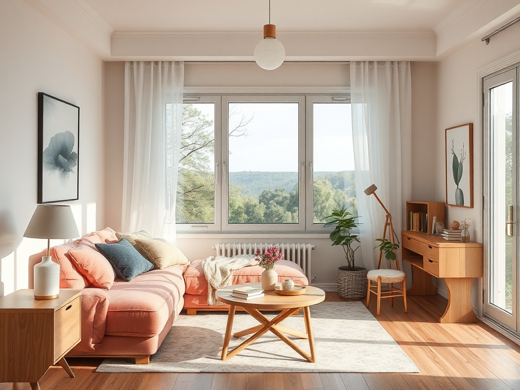 Светлая гостиная с розовым диваном, столом и большим окном, через которое видно природу.