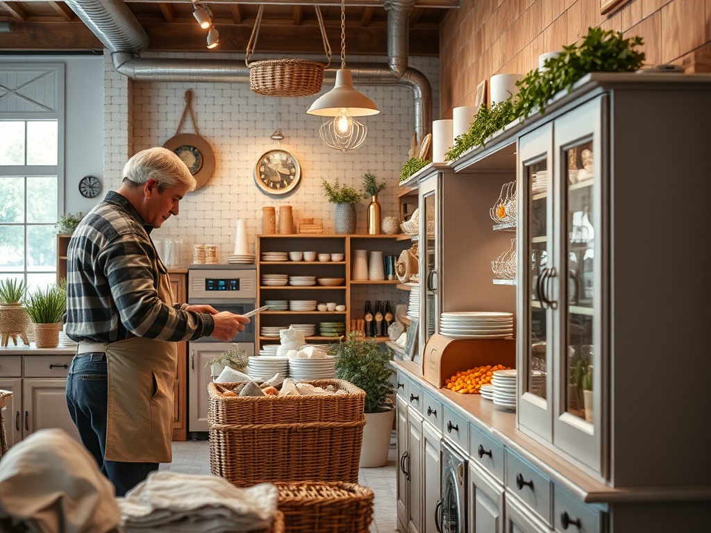 Мужчина в кухне, накрывающей стол, использует планшет, среди посуды и корзин с продуктами.