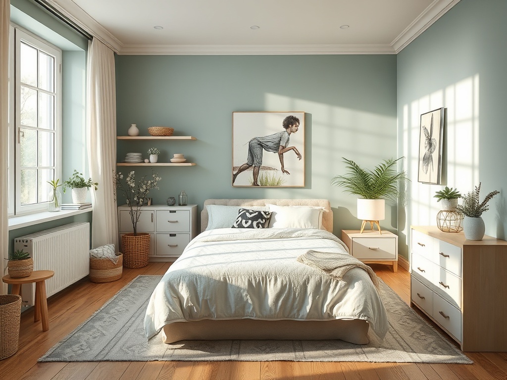 Светлая спальня с большой кроватью, зелеными растениями и уютным освещением, оформленная в пастельных тонах.
